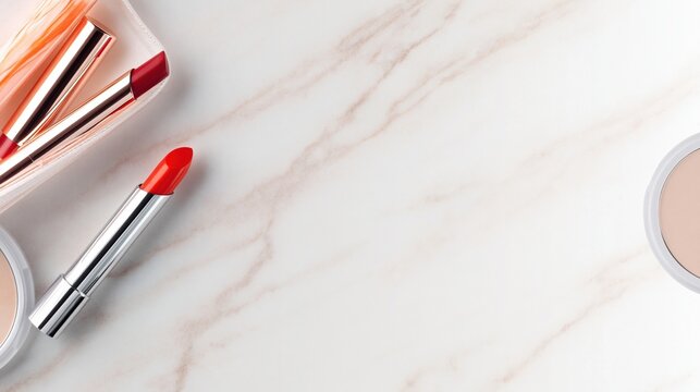 Luxury Red Lipsticks and Cosmetic Powder Arranged on a Marble Surface for Beauty and Fashion Promotion
