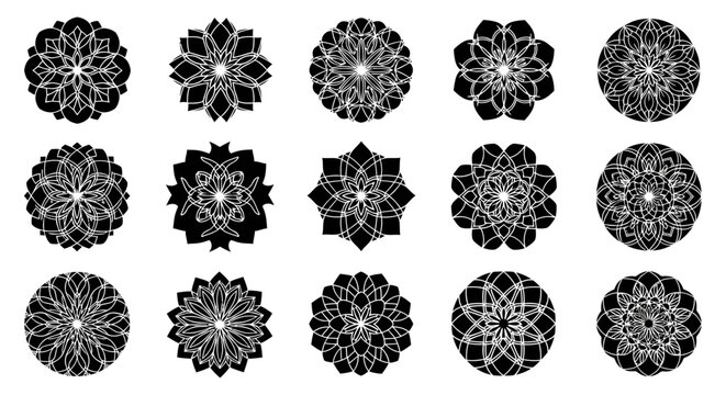 Set of Black Abstract Geometric Mandala Patterns on White Background