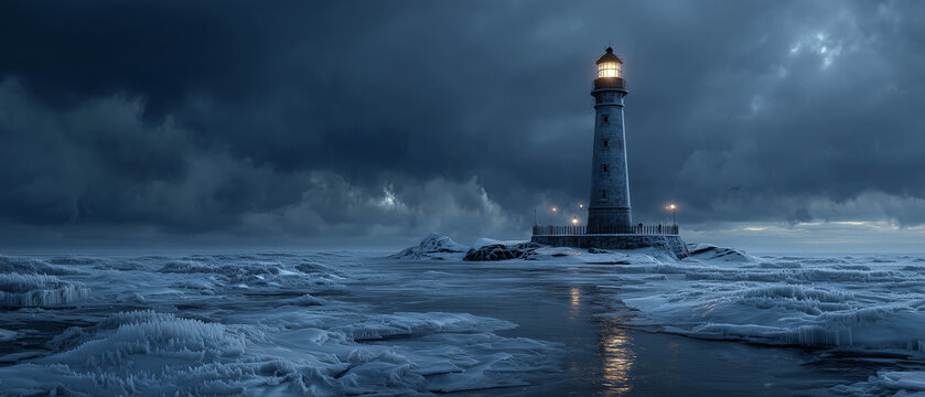 photo-realistic abandoned lighthouse standing on a frozen ocean, icy waves trapped in motion, dramatic storm clouds, cinematic winter atmosphere, ultra detailed frost textures, moody blue lighting.