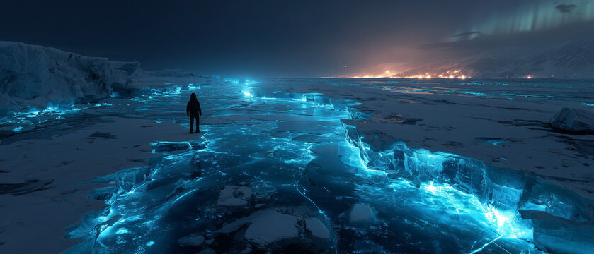ultra realistic photography of a vast frozen glacier plain split by glowing blue ice cracks, vivid northern lights dancing across the night sky, lone explorer silhouette, cinematic arctic atmosphere.
