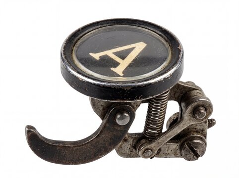 Photorealistic extreme close up of vintage mechanical typewriter key with letter a metallic and glass details worn surface isolated on white background detailed texture nostalgic