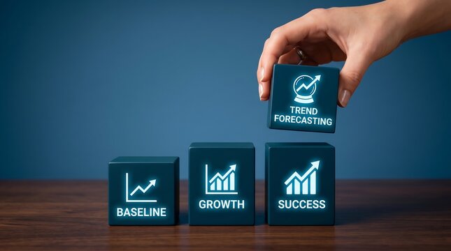 Business Strategy for Growth and Success: Hand Places Data Cubes Illustrating Financial Planning and Future Forecasting. Progressive Corporate Development.
