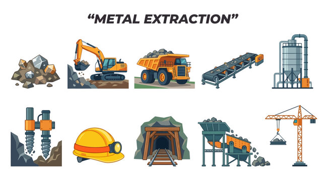 Mining Equipment and Ore Processing Symbols for Metal Extraction Industry