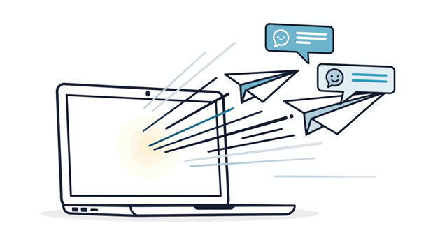 Laptop sending fast paper airplanes and chat messages for digital email marketing vector