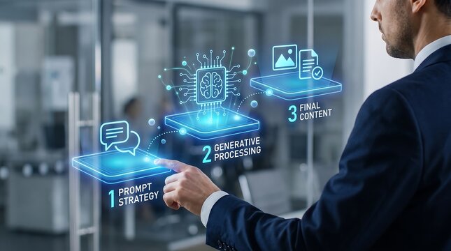 Generative AI Workflow: Professional Businessman Streamlines Content Creation with Futuristic Digital Interface for Strategic Business Transformation.