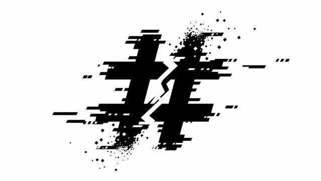 Broken glitched hashtag symbol split in half with ink splatter effect for social media vector