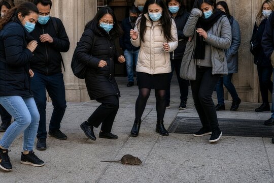 Urban fright as masked individuals confront a hantavirus vector on the street