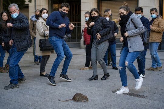 Street drama unfolds as masked citizens nervously evade a rodent, a vector of disease