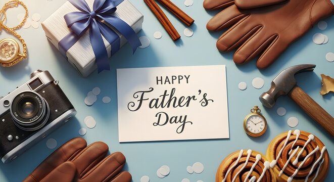 Happy Father's Day card with gift box, cookies, and vintage camera on blue background
