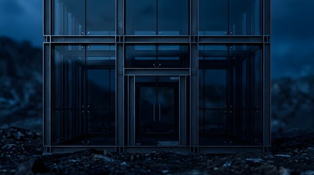Minimalist modern showroom glass display window on dark rocks