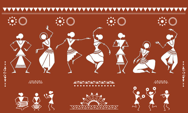 Warli Folk Tribal Art or sora tribe art for Odisha or Maharashtra Tribal Stick Figures Indian tradition tribal art vector of the traditional odishi dancer in different pose and music instruments.