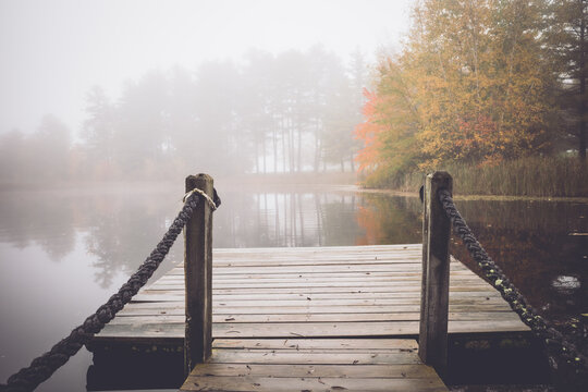 Wooden dock framing the view of a foggy autumn pond