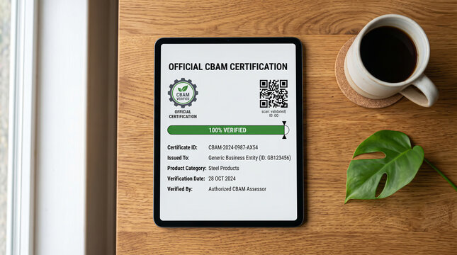 Carbon border compliance protocols displayed on a digital tablet within a modern workspace, fostering corporate accountability and international trade scalability.