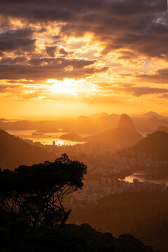 Beautiful view to rainforest sunrise, city and mountains