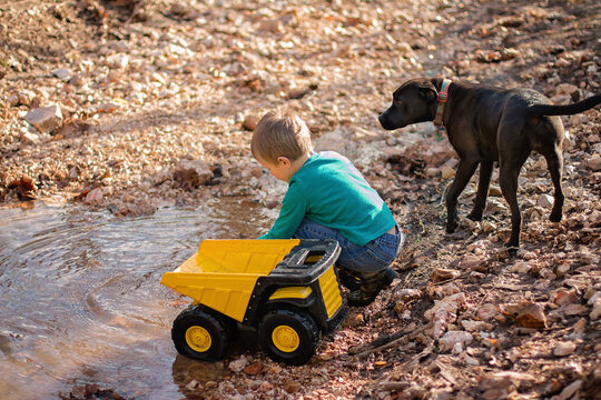Toddler Playing By Creek With Pet Dog