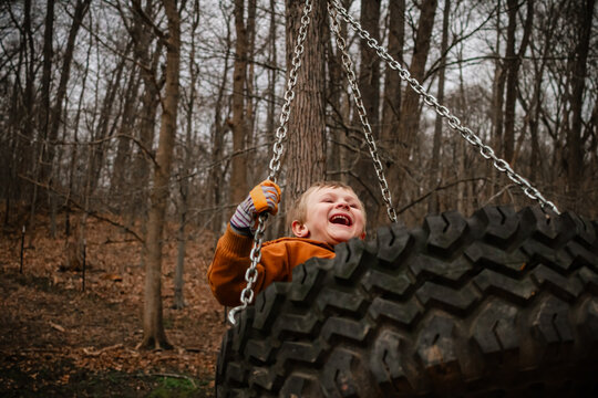 Laughing Child On Tire Swing