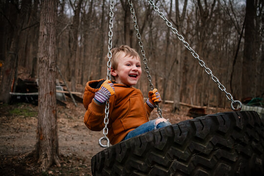 Happy Child Swinging On Tire Swing