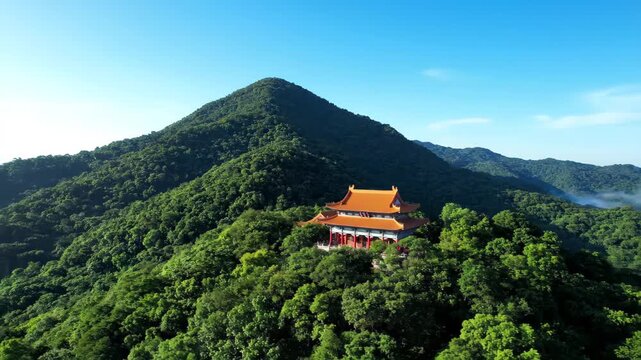 Aerial view of the mountains, forests and sea of clouds, aerial photography of Qingshan Ancient Temple