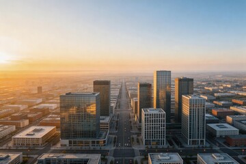 Fototapeta premium Aerial view of modern city skyline at sunrise