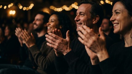 Fototapeta premium Warm lights glow softly behind smiling applauders. Their hands clap gently, showing joyful approval. Laughter and happiness fill the audience's faces. Perfect for event coverage, theater