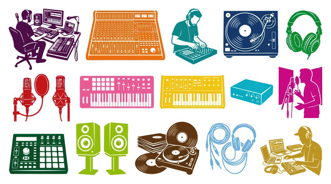 Music Production Gear: DJ Turntable, Keyboard, Mixer, Headphones, Microphones, Speakers