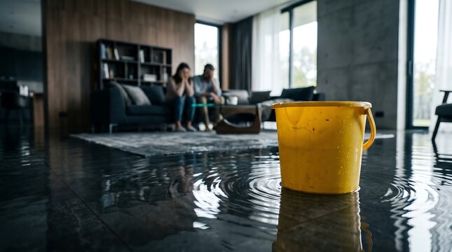 Water floods a living room, soaking the floor. Yellow bucket sits near the dampened wood. Two people sit on a couch, heads down, visibly stressed. They appear overwhelmed by the damage and loss