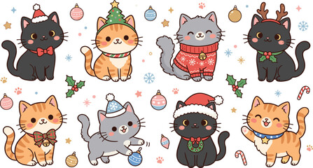 Cute Cartoon Christmas Cat Character Clipart Set with Happy Kittens Wearing Santa Hats Winter Sweaters and Reindeer Antlers for Holiday Designs © Lipi