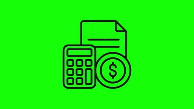 Animated green screen icons representing budget: calculator, coin, and document.