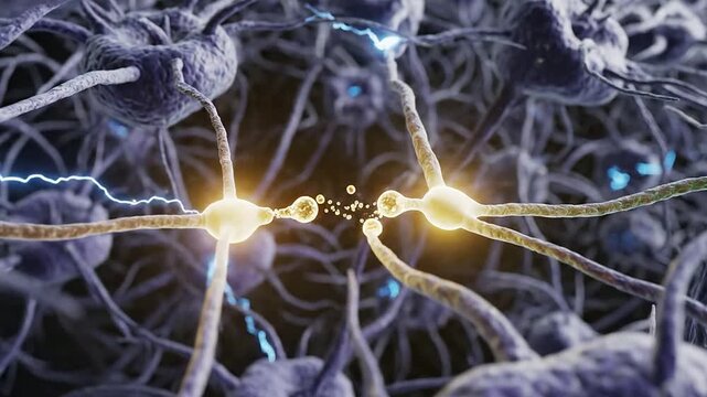 Neuroscience Conceptual Image of Neurons and Synapse Transmissions With Electric Impulses in a Detailed Close-Up View for Medical and Biological Education