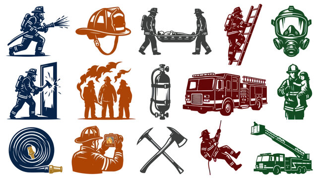 Firefighter Icons: Rescuer, Equipment, Truck  More - Flat Vector Style