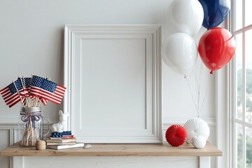 Fototapeta premium Festive American Holiday Celebration Mockup with Blank Frame, Flags, and Balloons
