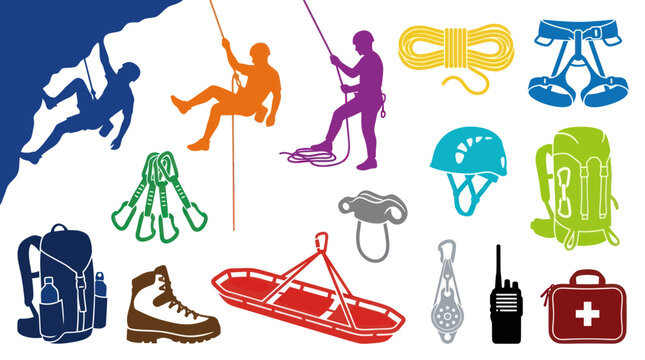 Outdoor Adventure Rock Climbing and Mountaineering Flat Vector Icon Set with Rescue Equipment.