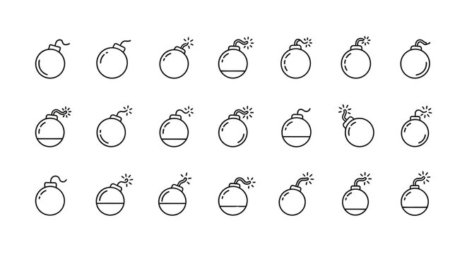 Explosion Bomb Icons Set, Danger Warning Symbols, Retro Round Bombs