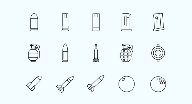 Weaponry Icons Set: Bullets, Grenades, Rockets, and Ammunition Clips