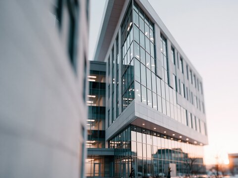 Modern glass facade office building exterior with contemporary architecture and city skyline at dusk