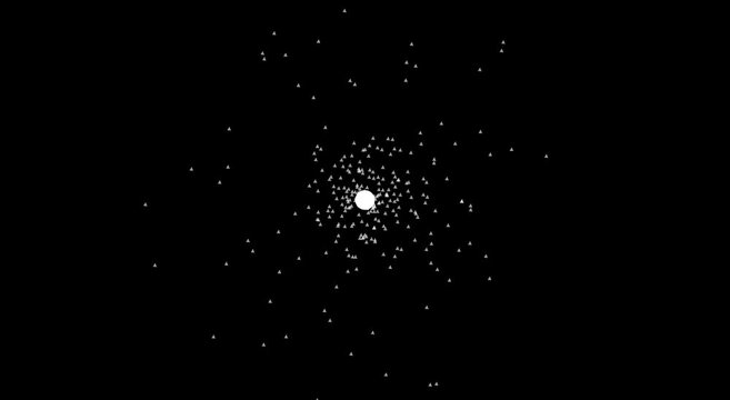Abstract particle swarm animation: glowing animation white dots on black background