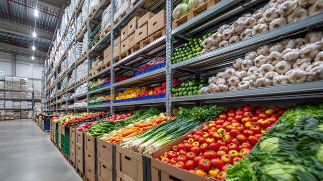 Abundant Fresh Produce Stored in a Large, Organized Warehouse with Rows of Shelving
