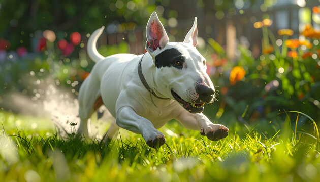 Bull Terrier with a black eye patch spinning in frantic circles on a garden lawn with grass flying around it generative AI