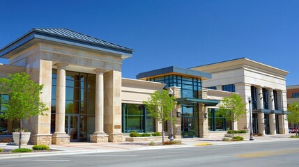 Fototapeta premium Modern Beige Stone Commercial Building Exterior with Large Columns and Green Trees Under a Clear Blue Sky