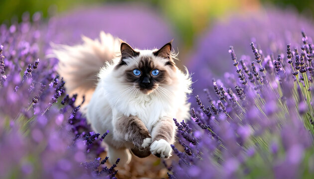 Balinese cat running through a lavender field with silken point colored hair streaming behind like a ghost through purple flowers generative AI