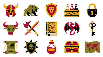Fototapeta premium Fantasy Game Icons: Helmet, Lion Shield, Potion Box, Lock, Bull, Axe Sword, Spell Book, Dragon, Key