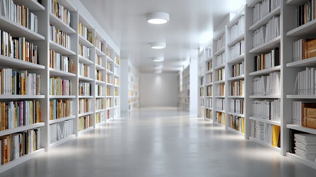 Modern bright white library corridor filled with endless rows of bookshelves and books