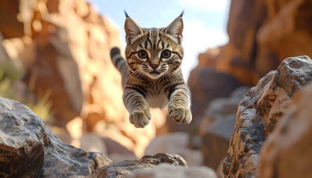 Pixie Bob cat leaping between grey canyon rocks with visible short tail and extra toes under cinematic wide angle lighting generative AI