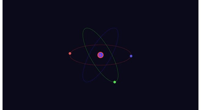 Animated atomic structure model with orbiting particles on dark animation background