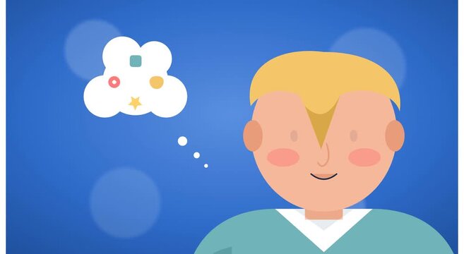 Animated boy thinking with floating shapes in thought bubble animation