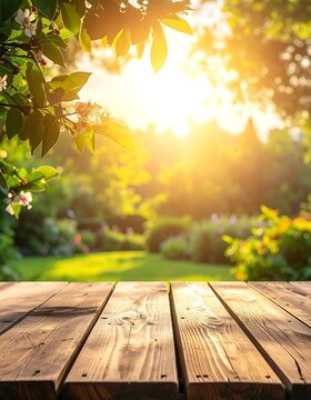 Wooden table in sunny garden setting.