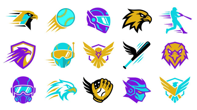Sports Logos: Eagles, Baseball Player, Helmets, Mitt, Bat - Flat Style