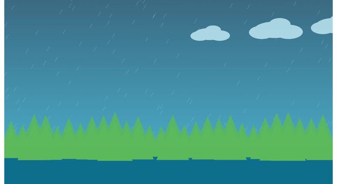 Animated rainy forest landscape with moving clouds and falling rain animation