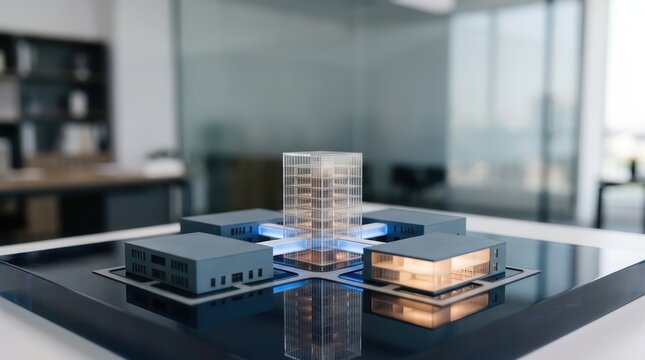 Miniature Business Orchestration Campus With Transparent Central Hub Blue Connections Reflective Office Copy Space