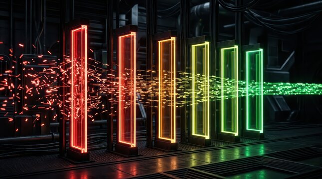 RegTech data filtering background with glowing red to green light gates and particle stream in dark industrial technology environment